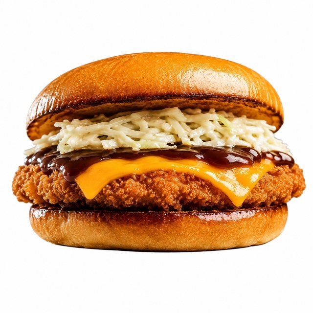Chicken Burger – Pain potato roll, filet de poulet, cheddar, sauce tonkatsu, chou mariné.