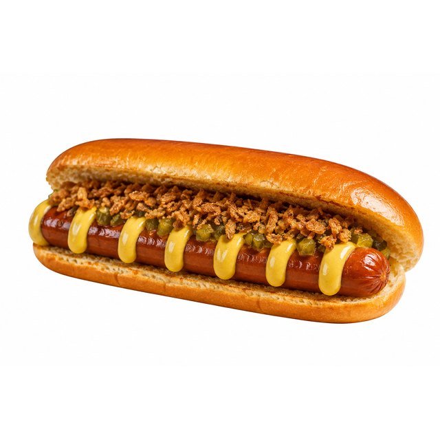 Hot-Dog – Pain brioché, 1 saucisse, sauce moutarde miel, relish, oignon frit.