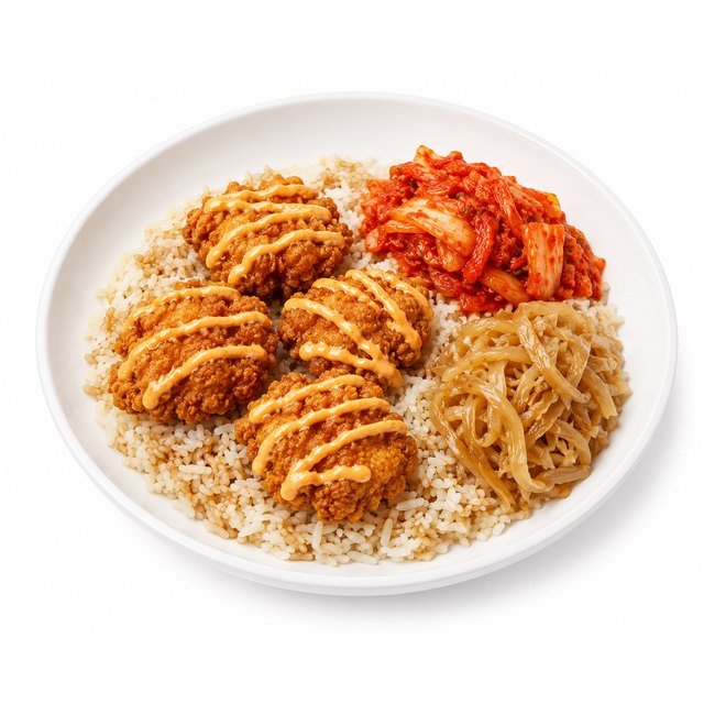 Riz poulet frit, sauce spicy, kimchi